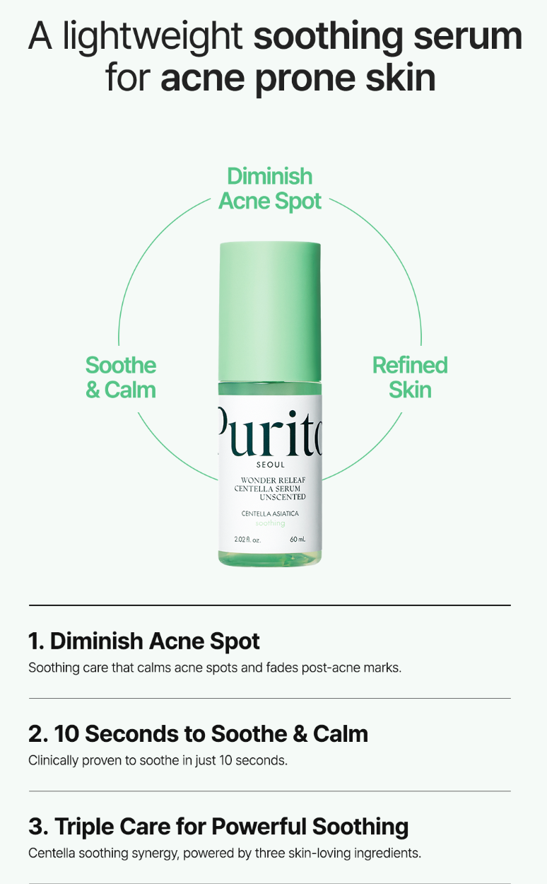 [PURITO SEOUL] Wonder Releaf Centella Serum Unscented - Centella Asiatica for Fast Skin Soothing & Barrier Support (60ml / 2.02 fl. oz.)