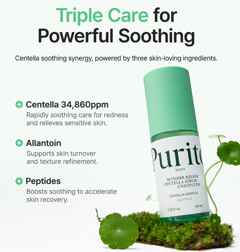 [PURITO SEOUL] Wonder Releaf Centella Serum Unscented - Centella Asiatica for Fast Skin Soothing & Barrier Support (60ml / 2.02 fl. oz.)